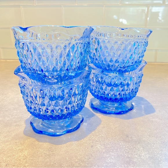 Vintage Diamond Point Ice Blue Indiana Glass Footed Bowl Scalloped set of 4 - Picture 1 of 9